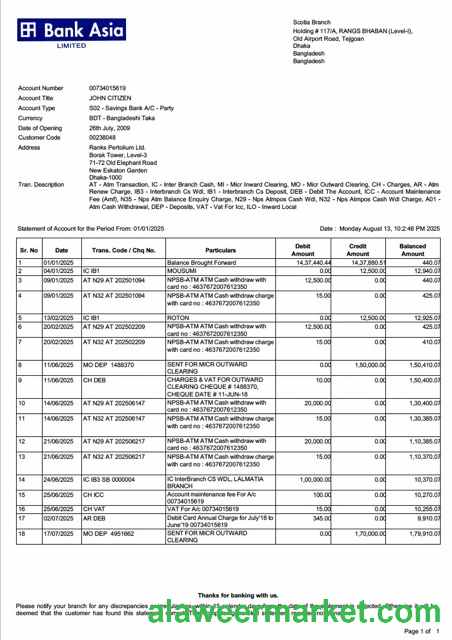 Bangladesh Bank Asia account statement Word and PDF template